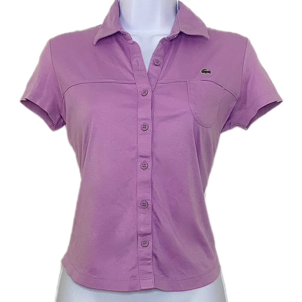 Lacoste Women's Purple Preppy Pastel Button-Up Polo Shirt Chic M
